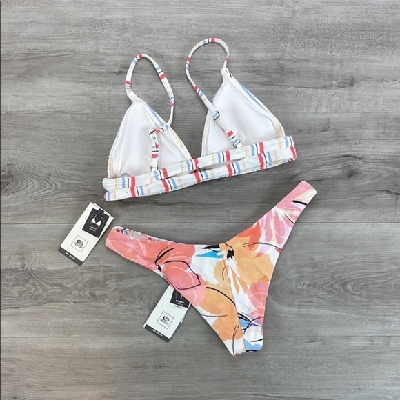 ☀️RIP CURL☀️ BLOSSOM STRIPE TRI TOP BLOSSOM HI LEG REVERSIBLE BIKINI SET - Picture 11 of 16